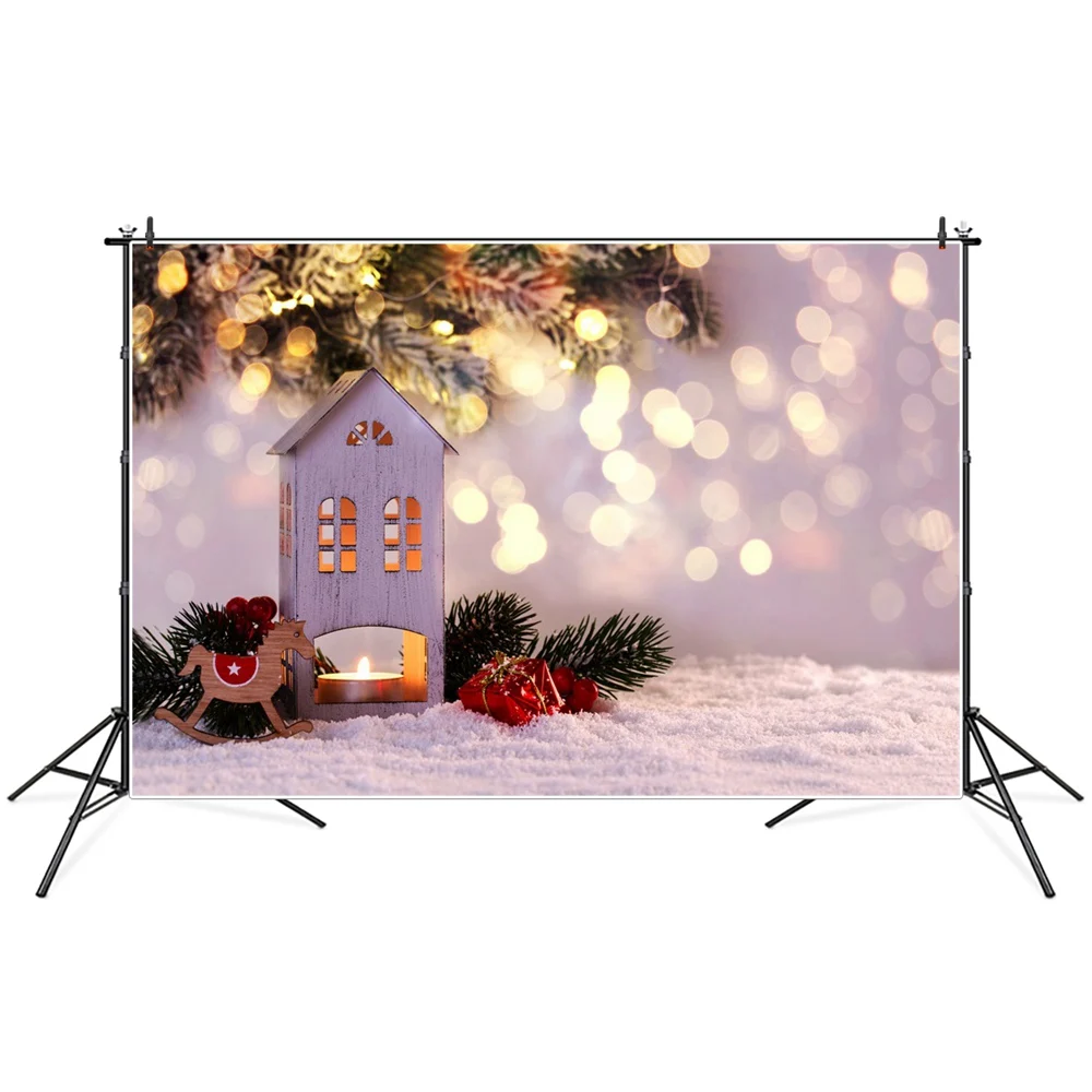 

Christmas Gift Pines Rocking Horse Wooden House Light Bokeh Photography Backdrops Custom Party Home Decoration Photo Backgrounds