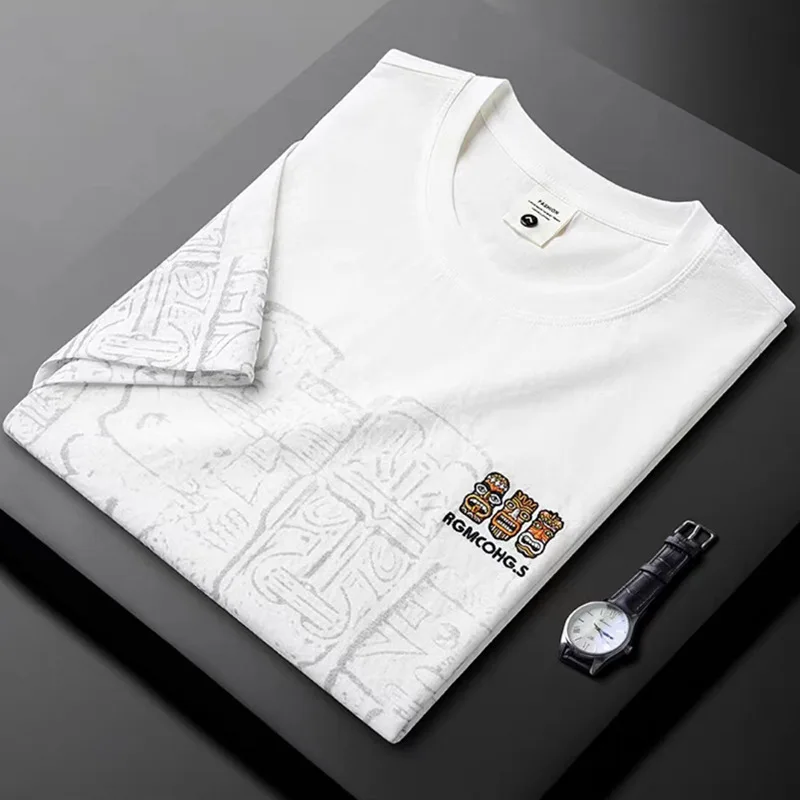 

Luxury Fashion Cartoon Embroidery Logo Men's Short Sleeve Summer High end Ice Silk Cool Breathable Casual Round Neck T-shirt
