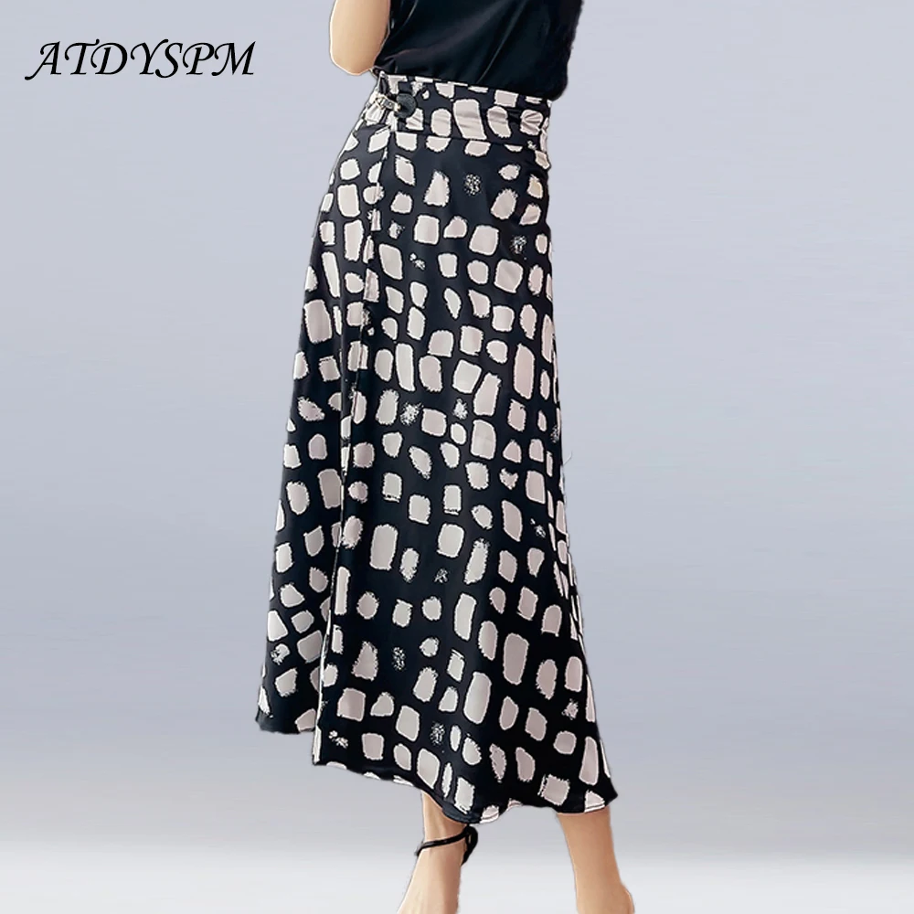 

Vintage High Waist Printed Satin Skirt For Women Summer Simple One-Piece Split A-line Beach Style Casual Long Skirts Faldas