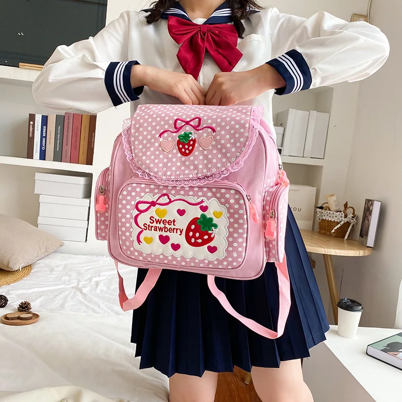 

Preppy Style Kids School Bag Cute Strawberry Embroidery Backpack for Teenage Girls Japanese Schoolbags Children Backpack