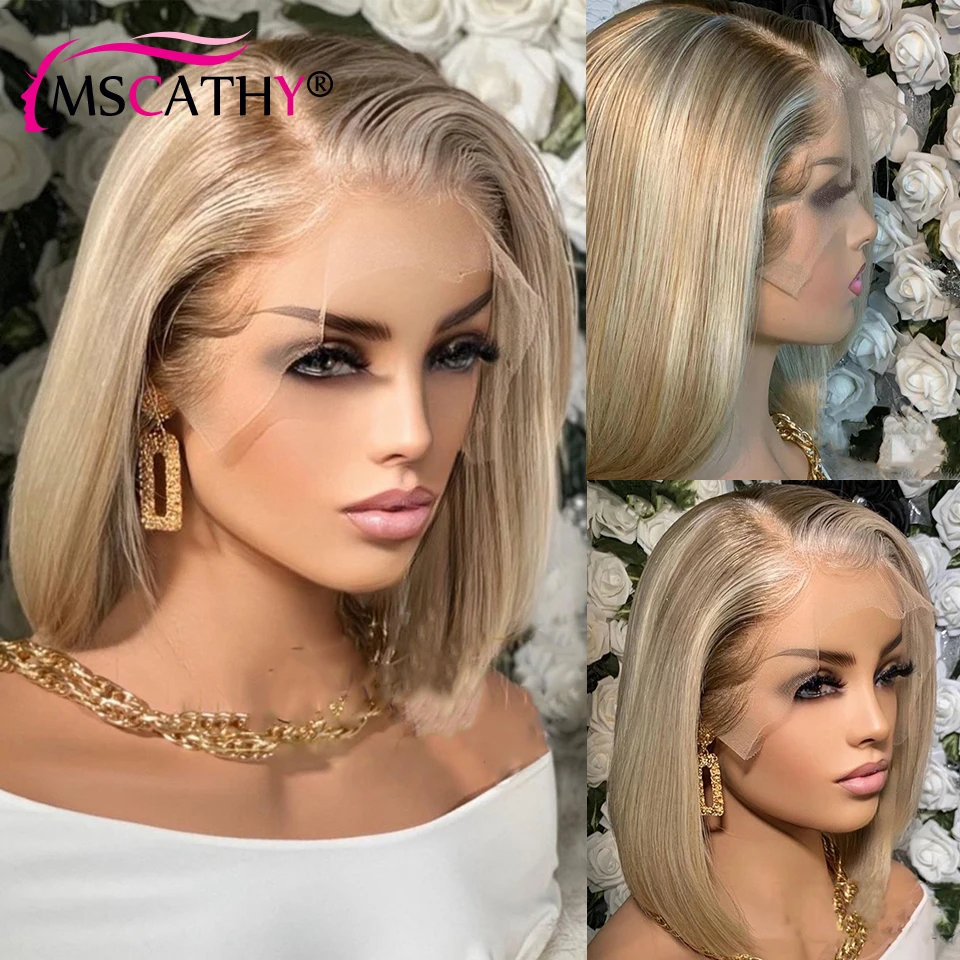 Ash Blonde Highlight Bob Lace Front Wig For Women Human Hair Short Bob Straight Lace Closure Wig HD Transparent Lace Front Wigs