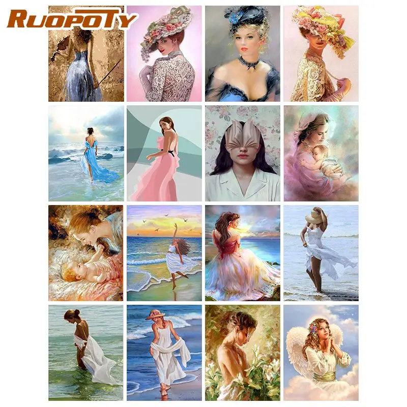 

RUOPOTY Full Square Diy Diamond Painting Beautiful Girls Picture Cross Stitch Diamond Picture Mosaic Decor Home Art