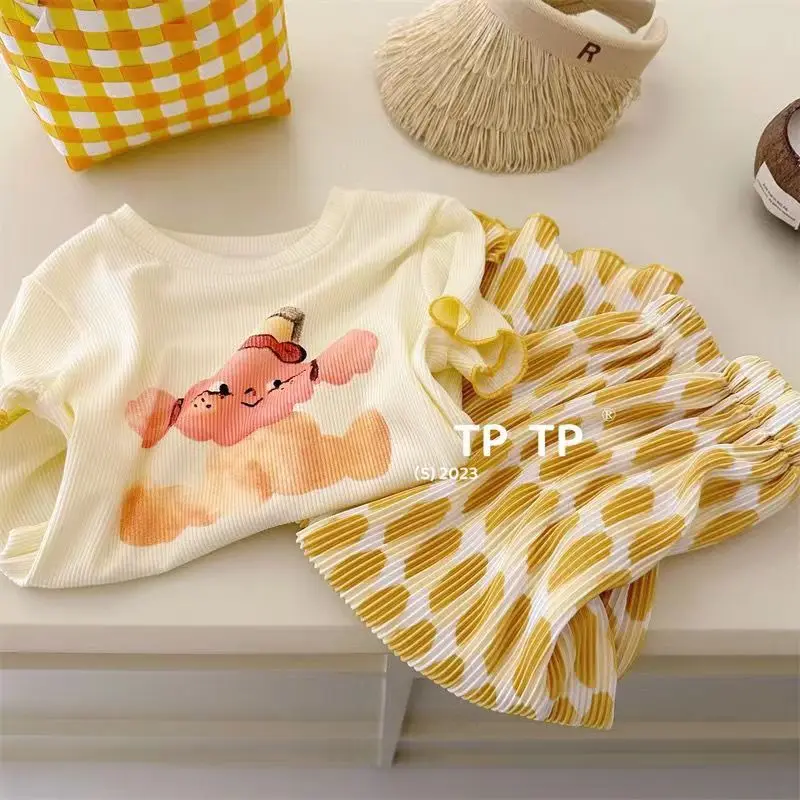 

New Arrival Little Girls' Summer Set - Cartoon Printed T-Shirt and Wide-Leg Pants, Protect Kids From Mosquito Bites Girl Clothes