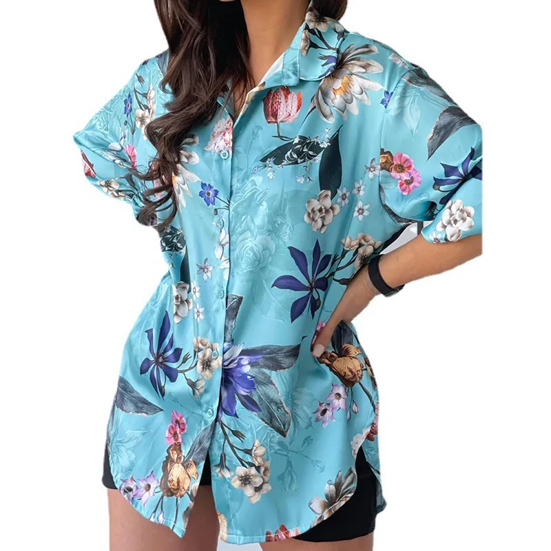 

2022 Summer Women's Fashion New Shirts Long Sleeve Print Lapel Ladies Cardigan Single Breasted Shirt Button Down Shirt for Women