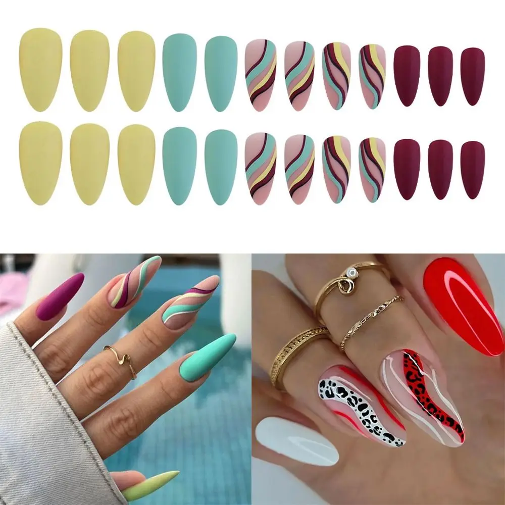 

24pcs New Full Cover Detachable Manicure Fake Nails Wavy Long Almond False Nails