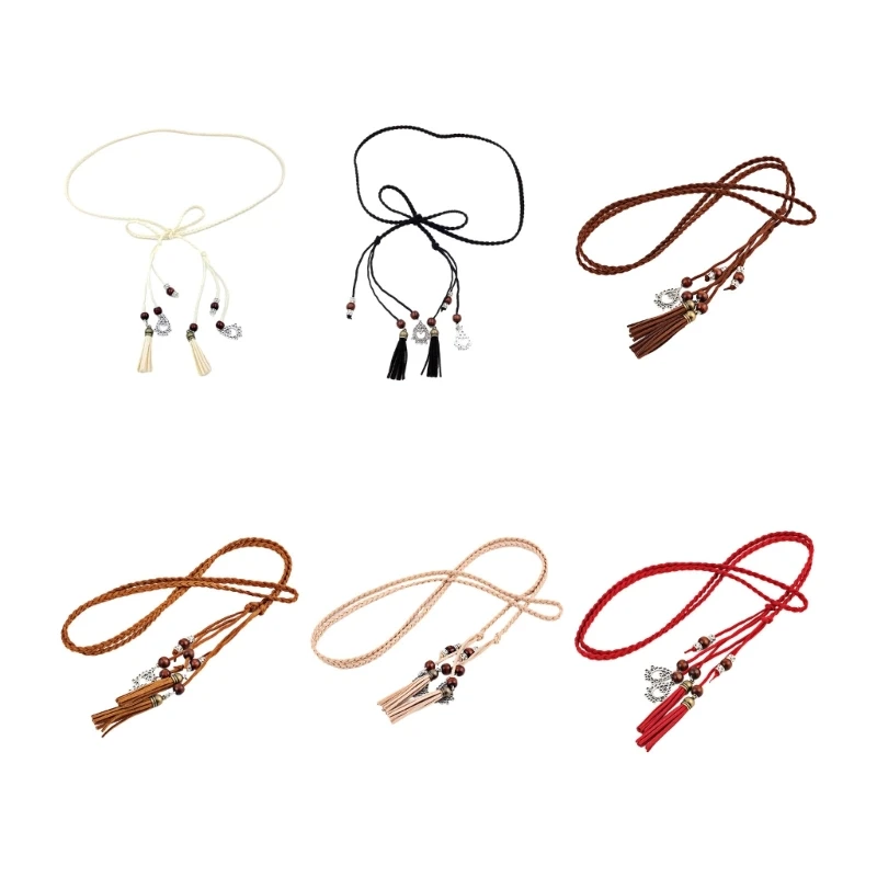 

Braided Waist Rope Summer Female Waist Belt with Beaded Fringe Decors Thin Belt