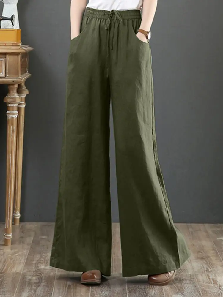 ZANZEA Autumn Wide Leg Pants Elegant Women High Waist Solid Flare Pants Casual Loose Long Trousers Floral Pantalon Streetwear