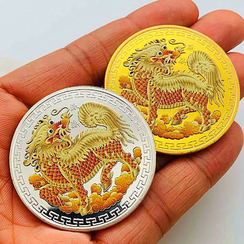 

Chinese Unicorn Animal Gold Coin Painted Commemorative Medal Baifu Gold Coin Ornament Collection Craft Coin Gift Challenge Coin