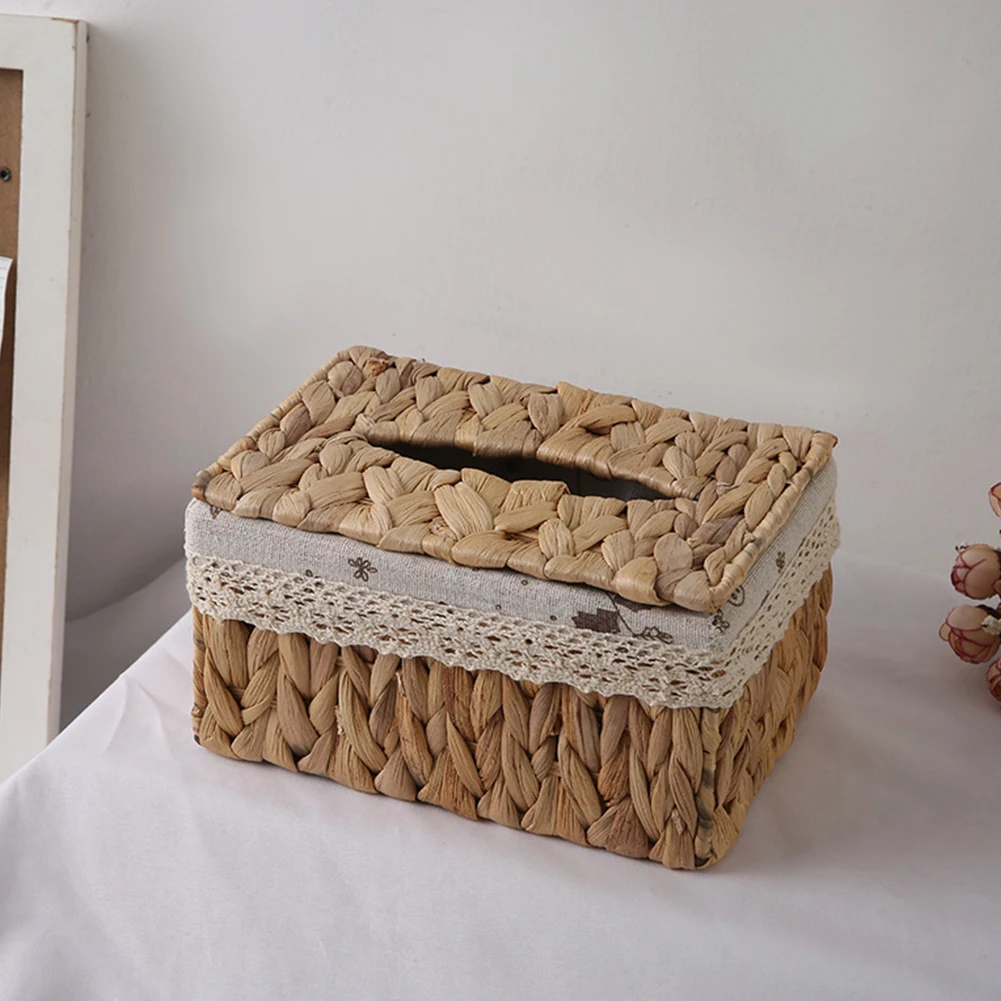 

Office Storage Case Woven Rectangular Tissue Box Cover Desktop Dispenser Home Wicker Water Hyacinth Accessories Lace Liner