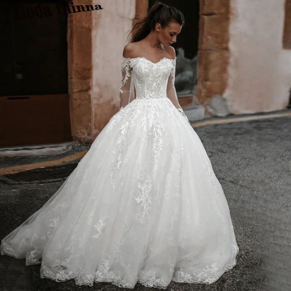 

Paloda Exquisite Appliques Ball Gown Wedding Dresses For Bride V-Neck Long Sleeves Zipper Tulle Court Train Vestido De Casamento