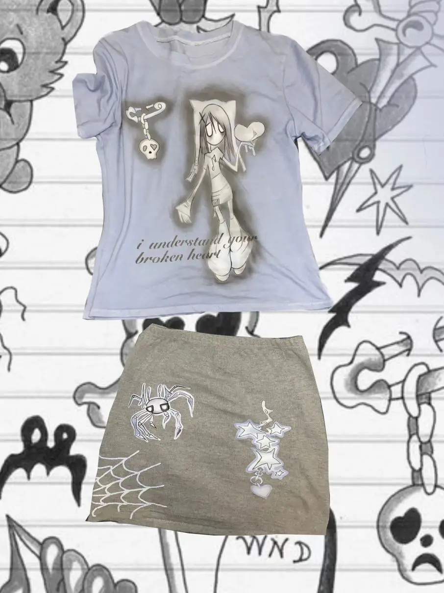 

Женский комплект из футболки и юбки, летний комплект из двух предметов в стиле Харадзюку с принтом в стиле эмо и гранж, 2023