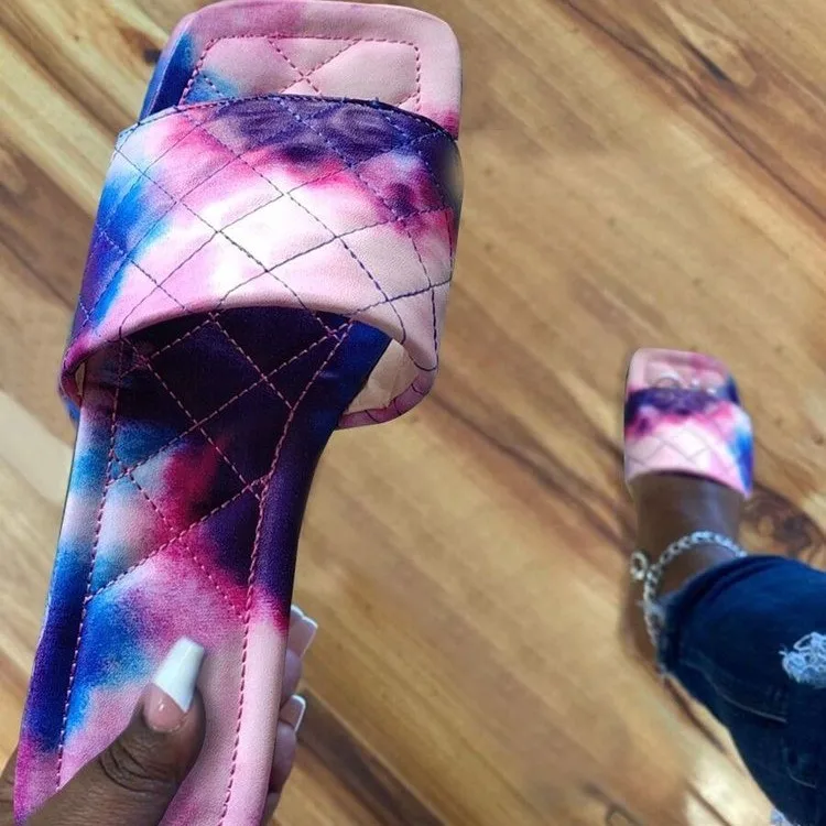 

Slippers Large Women's Shoes 2022 Summer New Flat Bottom Square Head Graffiti Flip Flops Ladies Sandals