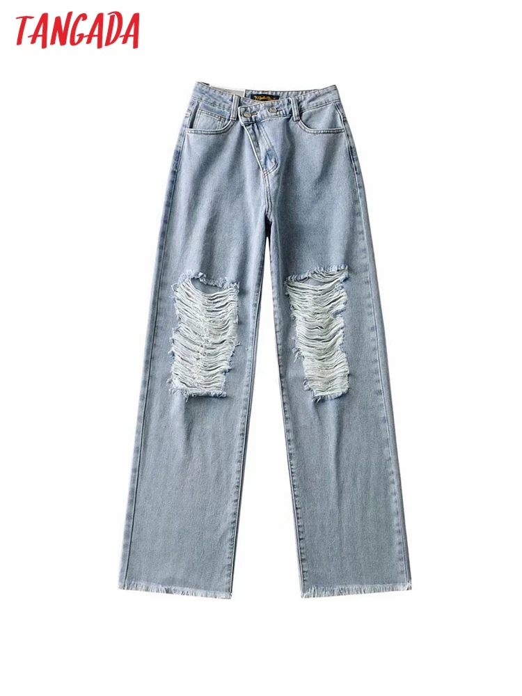 

Tangada 2022 fashion women blue ripped jeans pants long trousers high waist pockets buttons female pants NA13