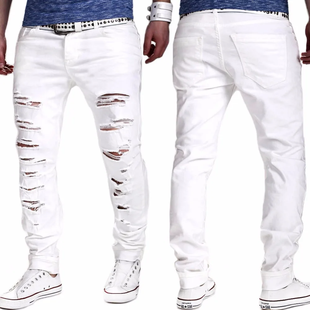 NEW 2022 Spring Autumn Fashion White Color Cotton Hip Hop Multi Ripped Hole Streetwear Harem Cargo Pants Men Pantalon Homme