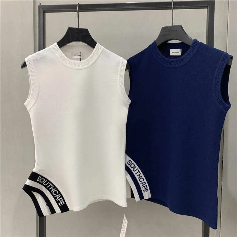

Korean Golf Jersey Women's New Summer Round Neck Knitted Fashion Versatile Slim Fit Split Sleeveless Tank Top