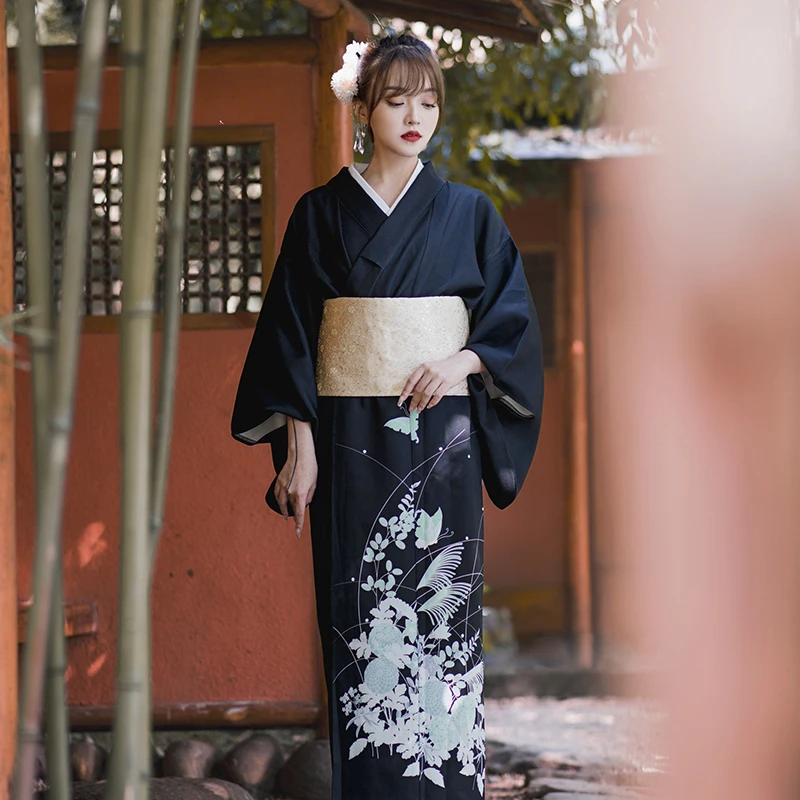 Japanese Fashion Kimono Femme Summer Long Elegant Black Floral Printed Yukata Women Anime Cosplay Geisha Robe Traditional AQ
