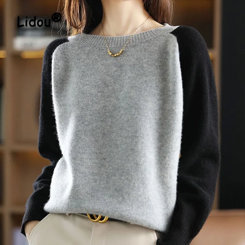 

Fashion Color Contrast Autumn Winter Knitting Bottoming Shirt Women Interior Lapping New Classic Long Sleeve O-collar Korean Top
