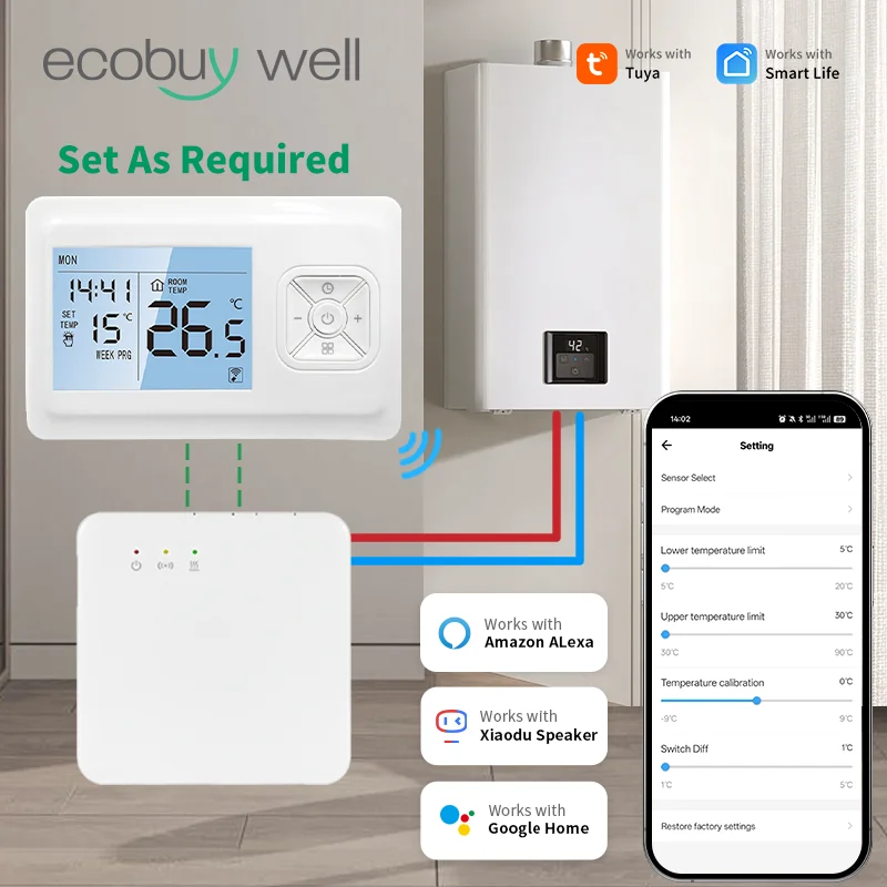 Фото Умный Wi-Fi термостат Tuya, беспроводной для газовых котлов, комнатные термостаты, термостат на батарейках, Wi-Fi Smart Alexa Google Home №1