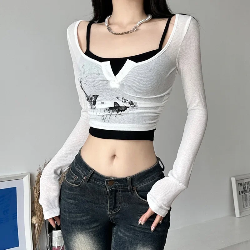 

Europe and The United States Wind Two-piece Butterfly Print Spice Girl T-shirt Early Autumn Women's New Short Slim Bottomin
