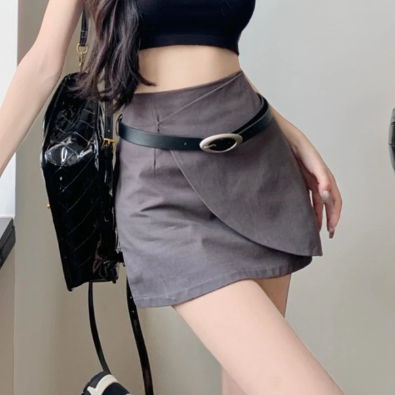 

2023 Summer Vintage Korean Retro High Street Low Waist Irregular Women Skirts Office OL A Line Korean Mini Skater with Belt