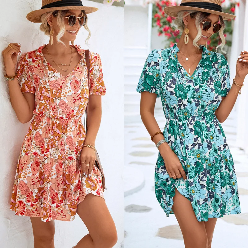 

One Piece Summer Beach Mini Short Dresses Floral Printing V Neck High Waist Chiffon Women Vestidos Short Sleeve Large Hem Cloth