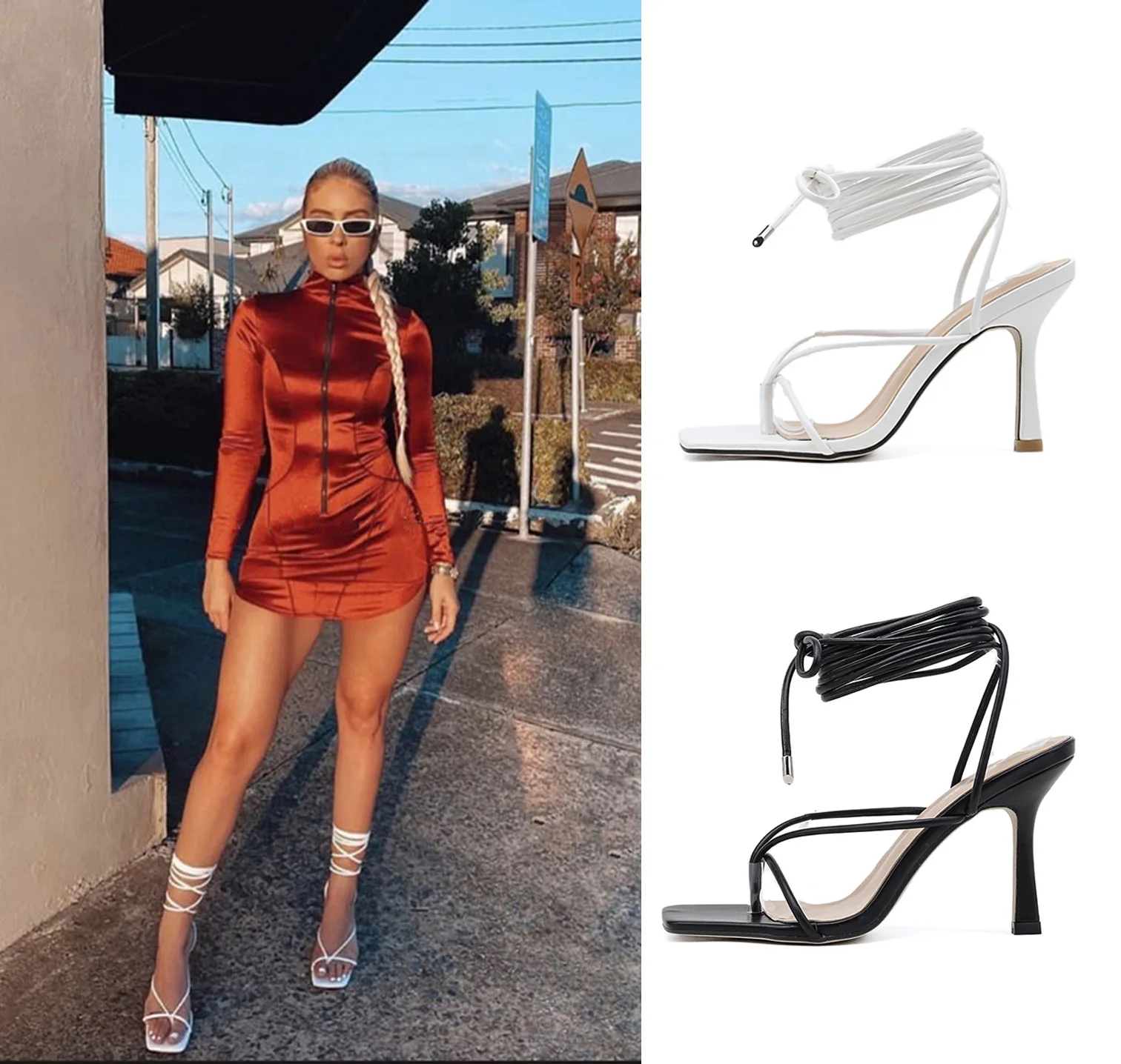 

Beige Heeled Sandals Fashion Womens Shoes 2022 Square Toe Large Size Flip Flops Platform Ankle Strap Black Luxury Lace Up Stilet