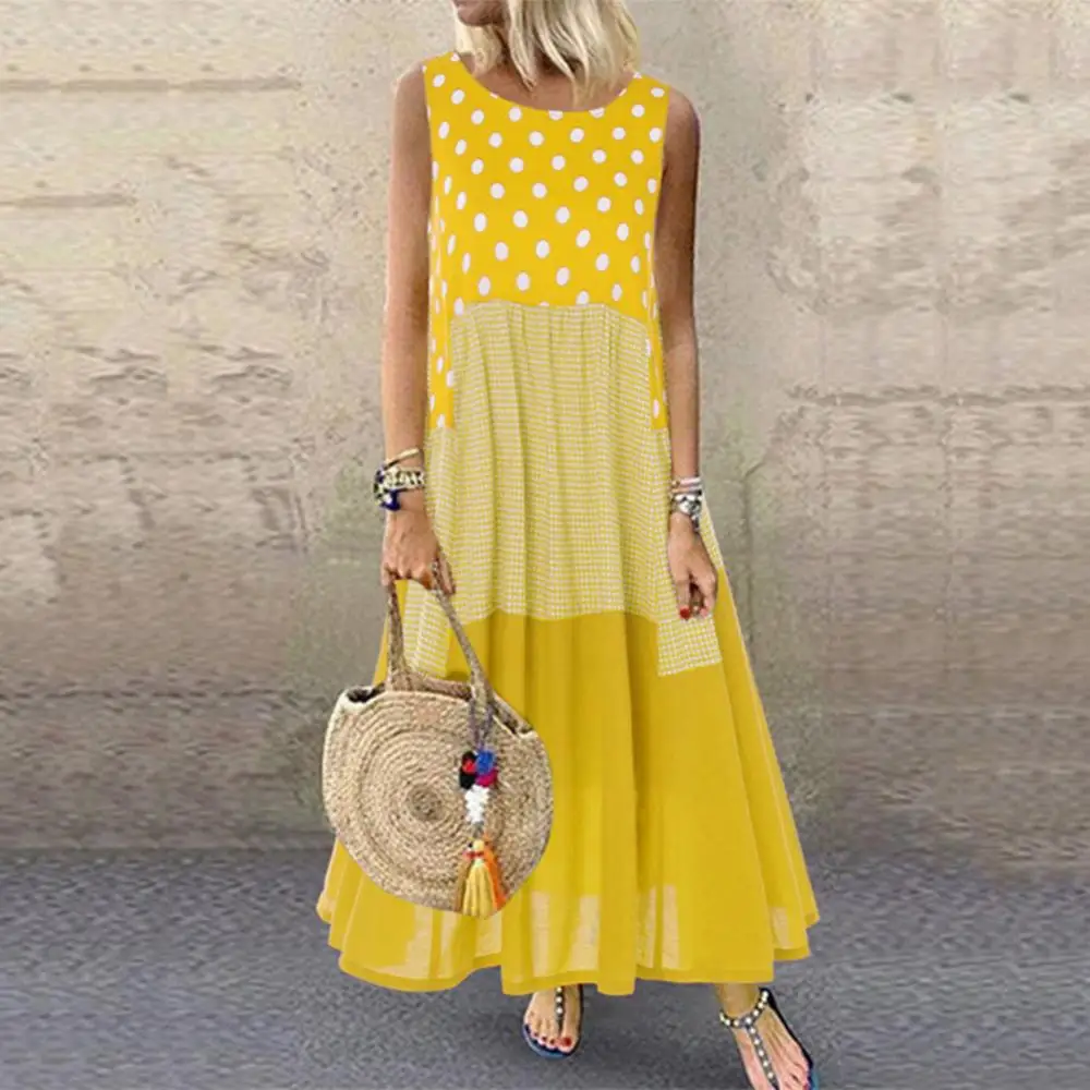 

Patchwork Women O Neck Large Hem Long Dress Sleeveless Vintage Polka Dot Print
