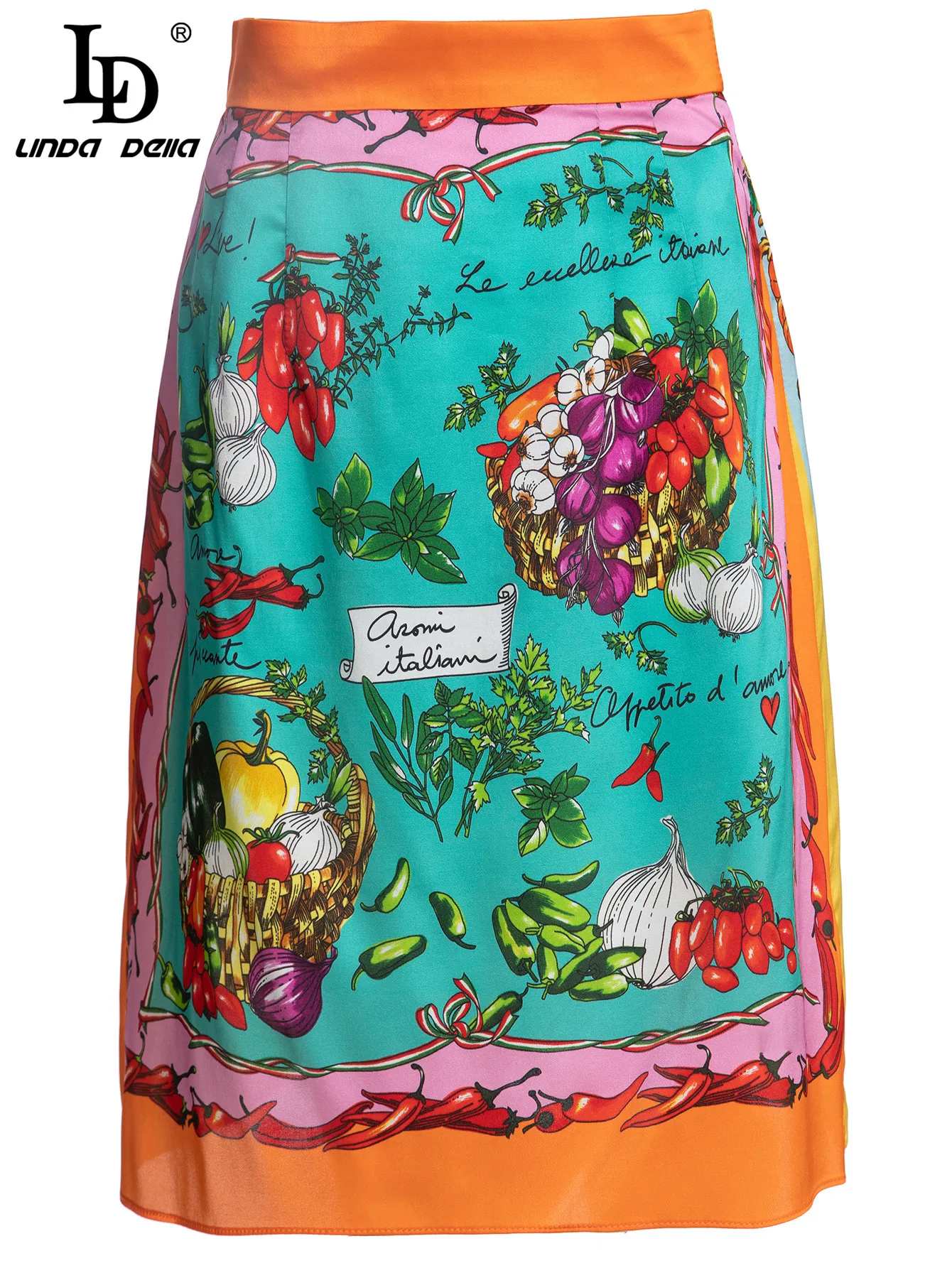 LD LINDA DELLA Summer Fashion Designer Silk Short Skirts Women's Vintage Vegetable and Fruit Print High waist Mini Skirts 2022