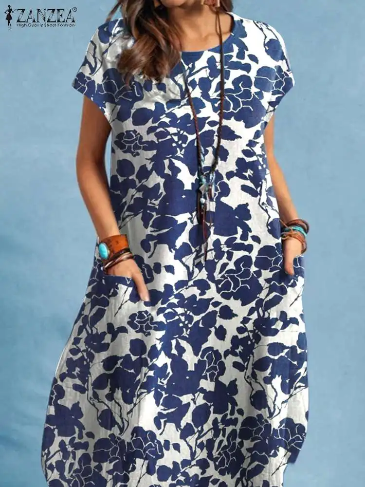 

Винтажный сарафан ZANZEA с коротким рукавом и цветочным принтом, женское летнее платье, богемное праздничное Пляжное Платье До Колена, женское...