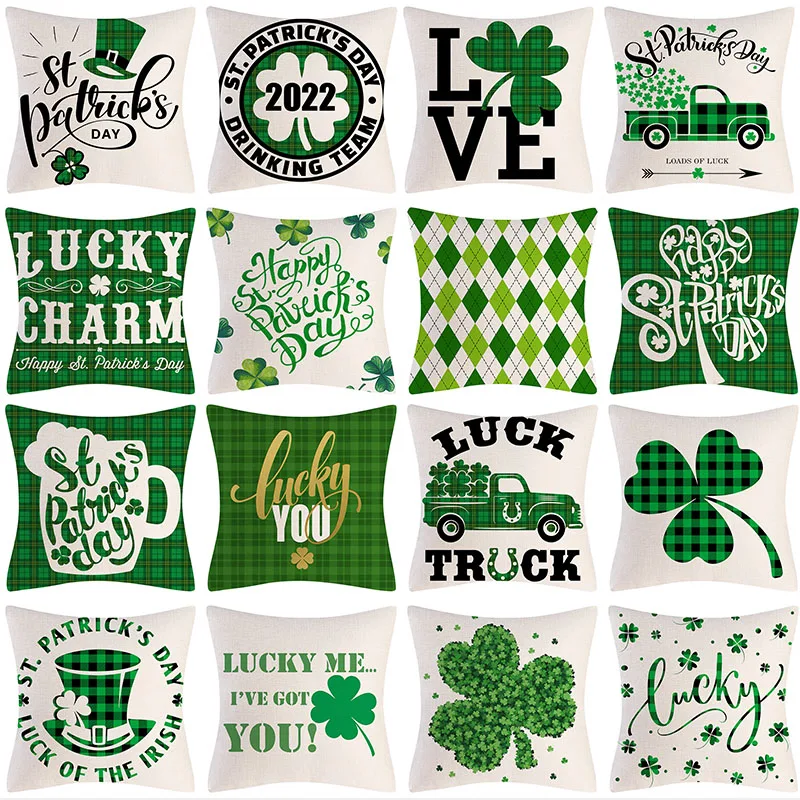 

St. Patrick's Day Clover Print Pillow Cover 45x45cm Letter Cushion Cover Festival Home Decoration Throw Pillows Linen Pillowcase