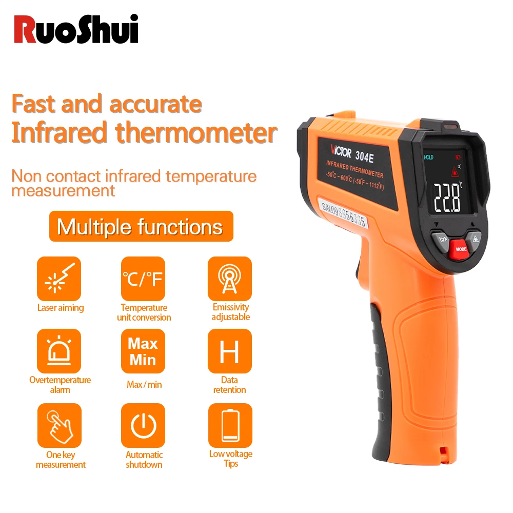 

RuoShui 304 Digital Infrared Thermometer -50-900°C Laser Temperature Meter Non-contact Pyrometer Imager Hygrometer IR Termometro