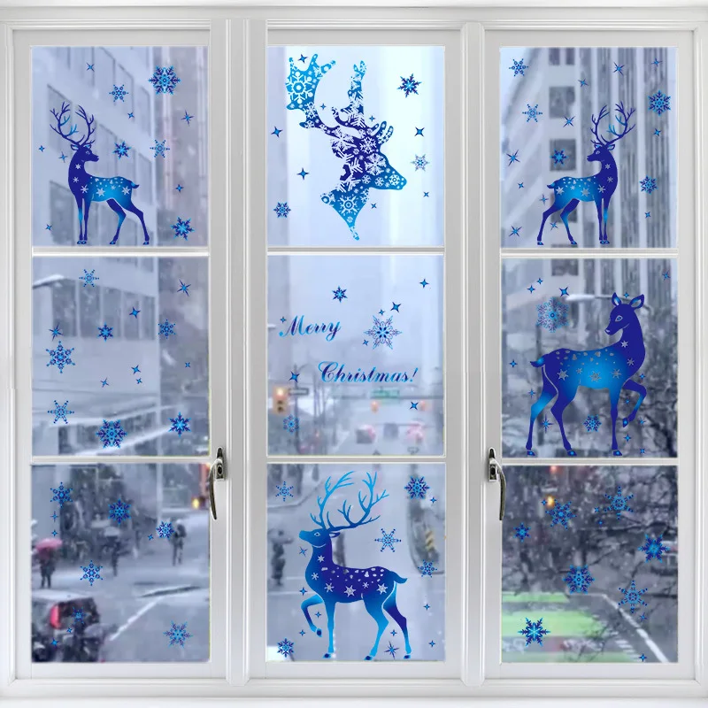 

Christmas PVC Wall Stickers Blue Snowflake Elk Window Glass Decal Merry Christmas Home Navidad Decoration