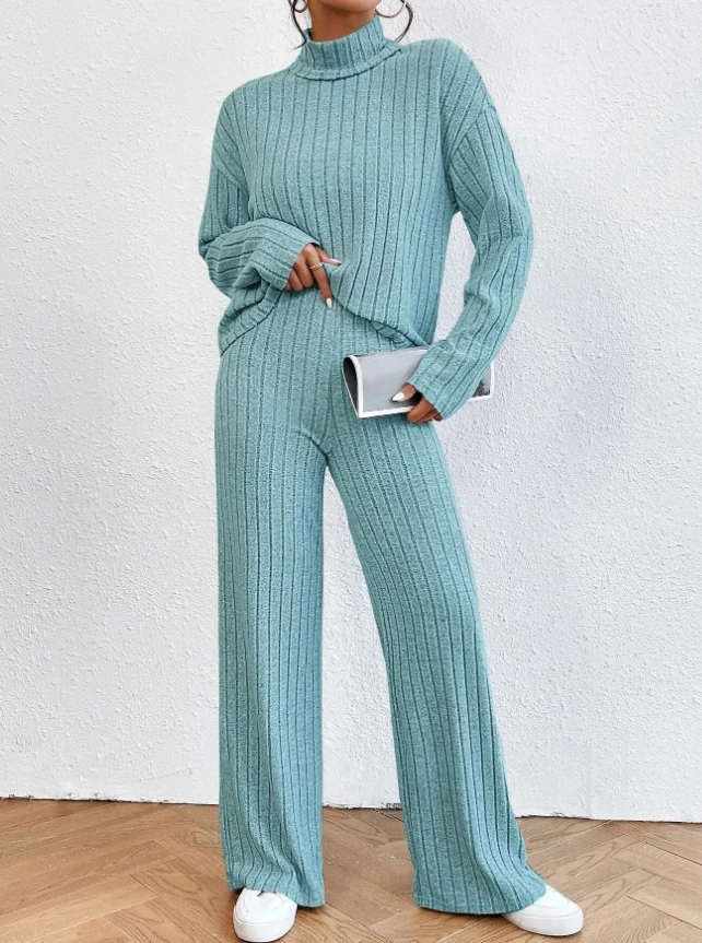 

Two Piece Set for Women 2023 New Casual Turtleneck Knitted Long-Sleeved Pullover Top and High Waist Loose Trousers Set