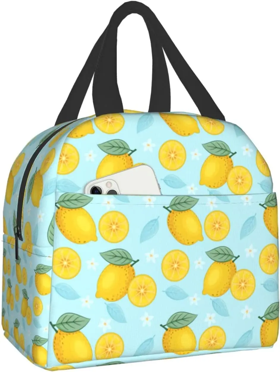 

Yellow Lemon Blue Lunch Box Travel Bag Picnic Bags Insulated Durable Bag Reusable Waterproof Bags For Man Woman Girls Boys