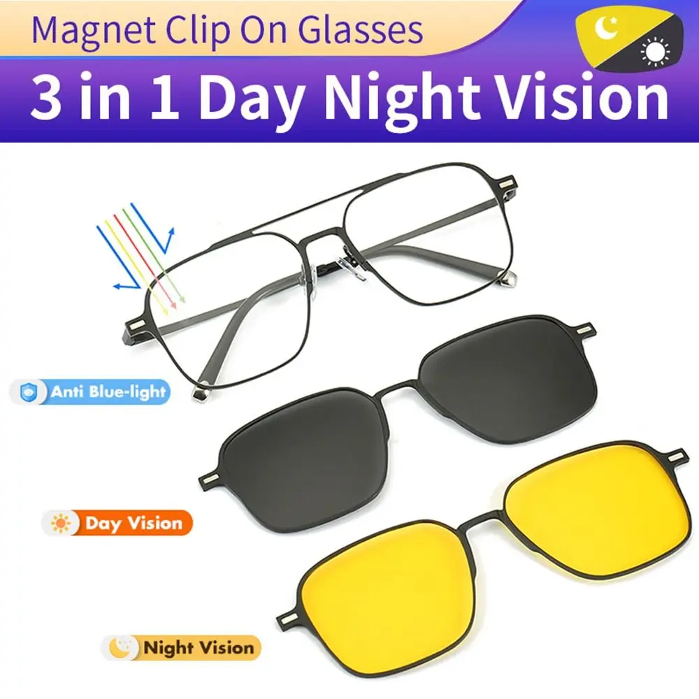 

3 In 1 Glasses Metal Anti Blue Light Glasses with Magnet Clip On Polarized Night Vision Sunglasses Clips Magnetic Glasses UV400