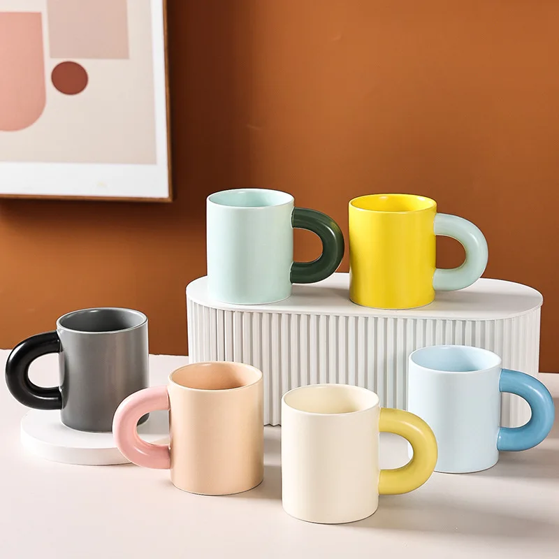 

Thick Handle Ceramic Coffee Cup Home Office Mug With Saucer Breakfast Milk Juice Tea Handle Cup Gift Microwave Safe