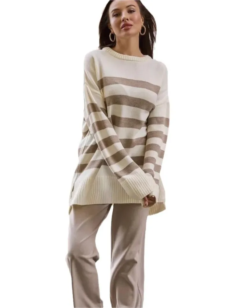 Модный полосатый вязаный свитер женский свободный пуловер с длинным рукавом и