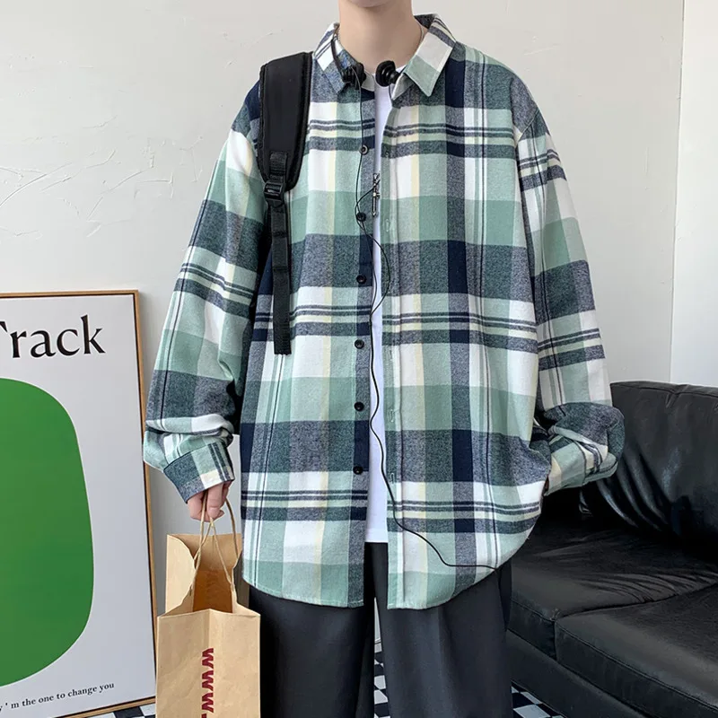 Autumn Plaid Shirt Men Fashion 4-color Retro Casual Shirt Men Streetwear Loose Long Sleeve Shirt Mens Large Size M-5XL
