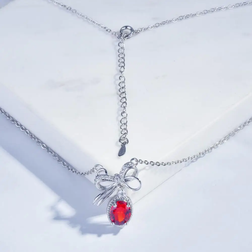 

HOYON 18K White Gold Color Necklace For women Fairy Design Red Zircon Bow Pendant Ins Style Niche Clavicle Chain Stamp Jewelry