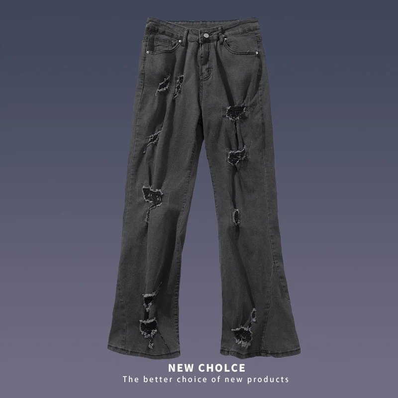 

Мужские расклешенные брюки American High Street Vibe, черные эластичные рваные джинсы, свободные модные прямые уличные брюки для мужчин на осень