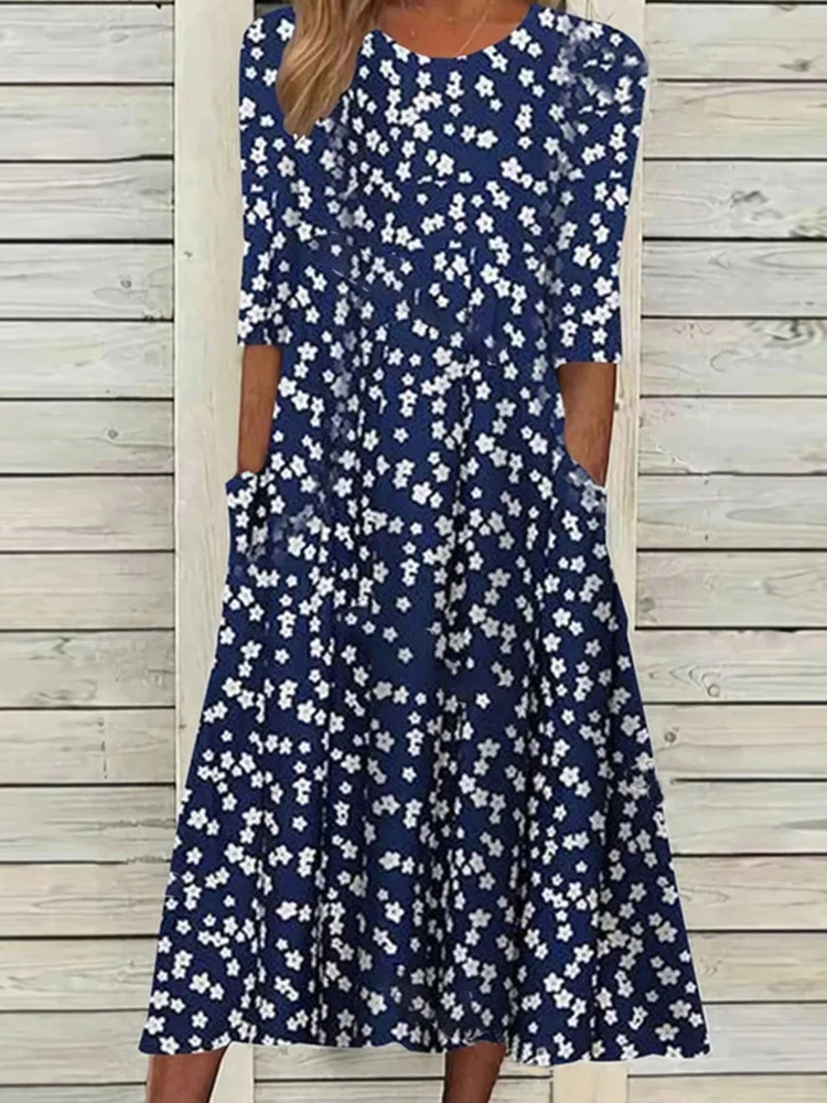 

O Neck Half Sleeve Women Summer Sundress Dress Casual Loose A Line Streetwear Dress Elegant 2022 Fashion Floral Printed Dress