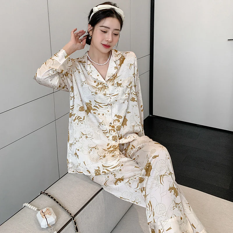 New Spring Summer Ladies Faux Silk Pajama Sets Sexy Homewear Clothes Women's Casual Luxury Pajamas Thin Female Sleepwear Set