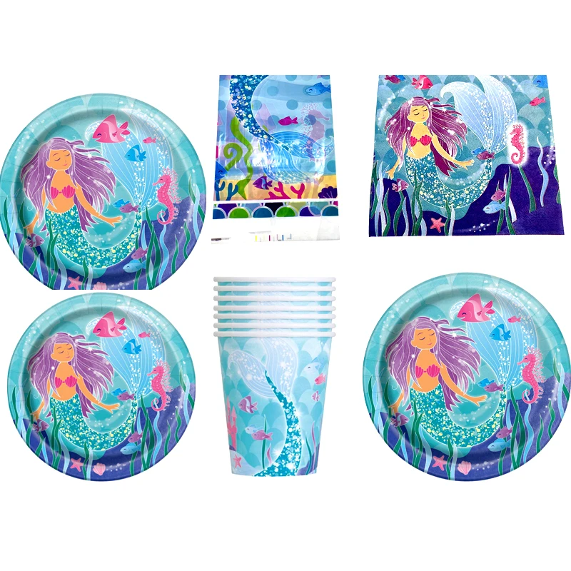 

61pcs/lot Blue Mermaid Birthday Party Baby Shower Towels Tablecloth Plates Cups Girls Kids Favors Decoration Events Supplies