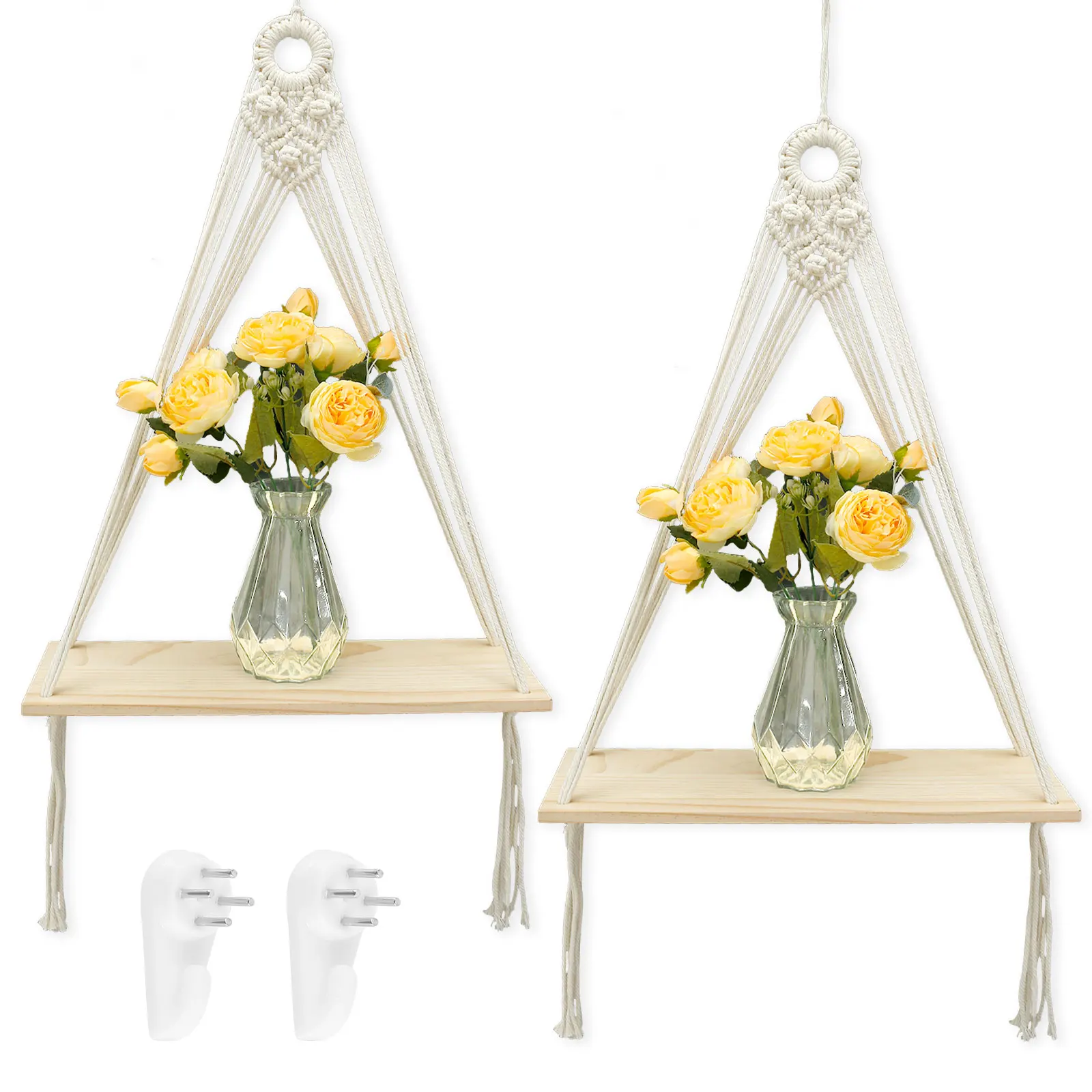 

2Pcs Boho Hanging Shelf Macrame Wall Shelf Rustic Triangle Floating Storage Shelf Handmade Cotton Rope Tassel Stand Holder Décor