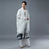 chinese hanfu taoist robe ancient style men ancient costume long shirt zen clothing chiffon printing fairy big sleeve top