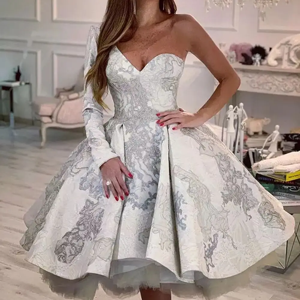 

Charming Sweetheart Prom Dress New Arrival One-Shoulder A-Line Tulle Prom Gown Knee Length Evening Party Gowns