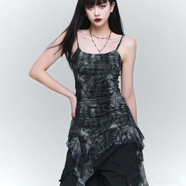 Винтажный жилет с оборками тай-дай для женщин новинка 2024 топ на бретелях Y2k E-Girl