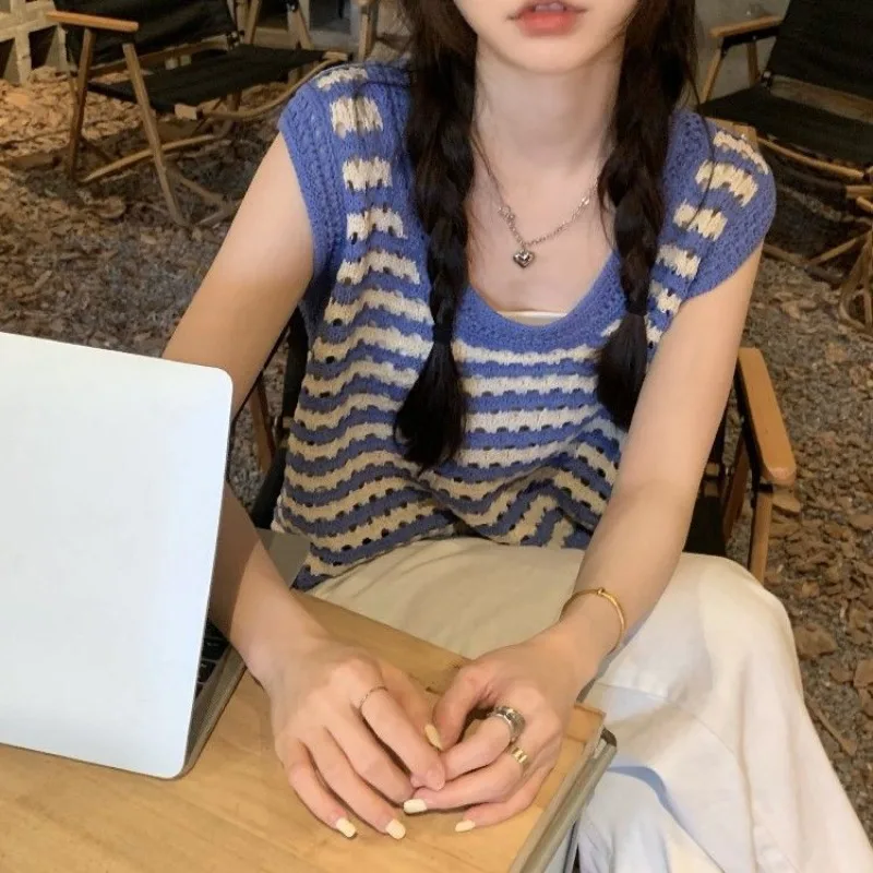 

Summer Tanks Women Gentle Leisure Hollow Out Sweet Low-cut Breathable Knitting Y2k Girlish Ulzzang Crop Tops All-match Fashion