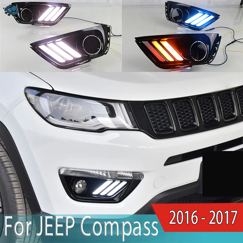 

2 шт. светодиодный дневные ходовые светильник для JEEP Compass 2016 - 2017 противотуманная фара с желтым сигналом поворота с ночной Светильник, 3 цвета