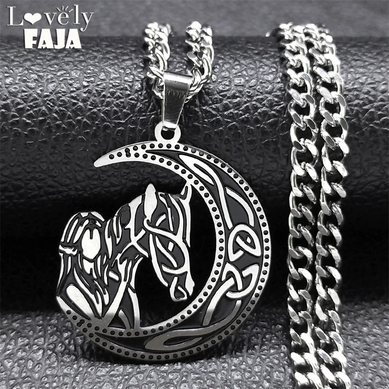 

Crescent Moon Women Horse Head Irish Celtic Knot Necklace Men Stainless Steel Animal Horse Lover Necklaces Jewelry Gift NXXXXS03